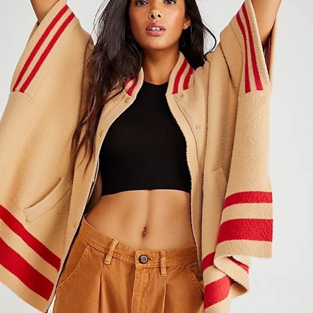 Free People Varsity Poncho Sweater Tan Red Striped Oversized Bomber Cape OS